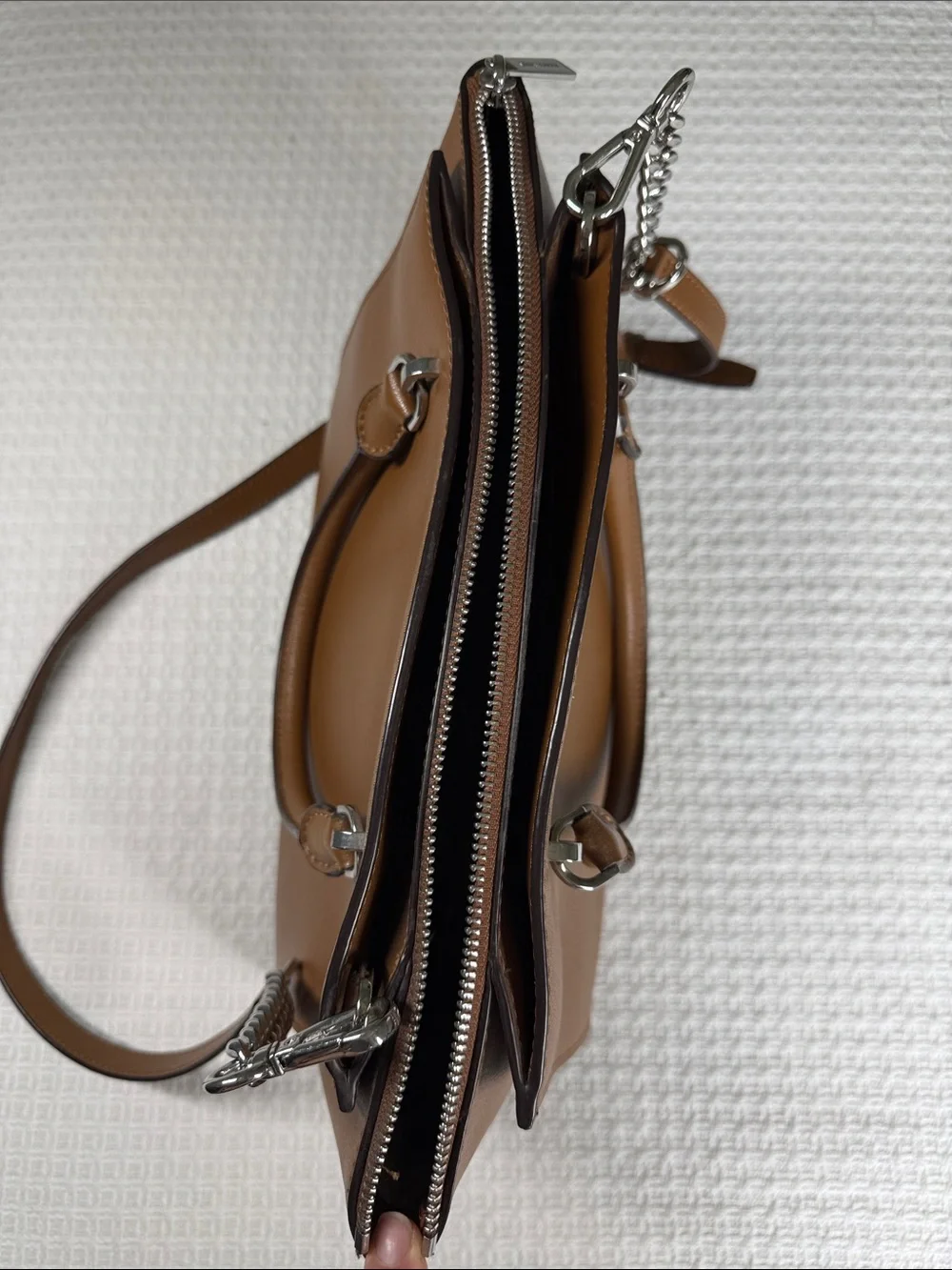 Michael Kors saddle tan saffiano leather satchel with silver hardware